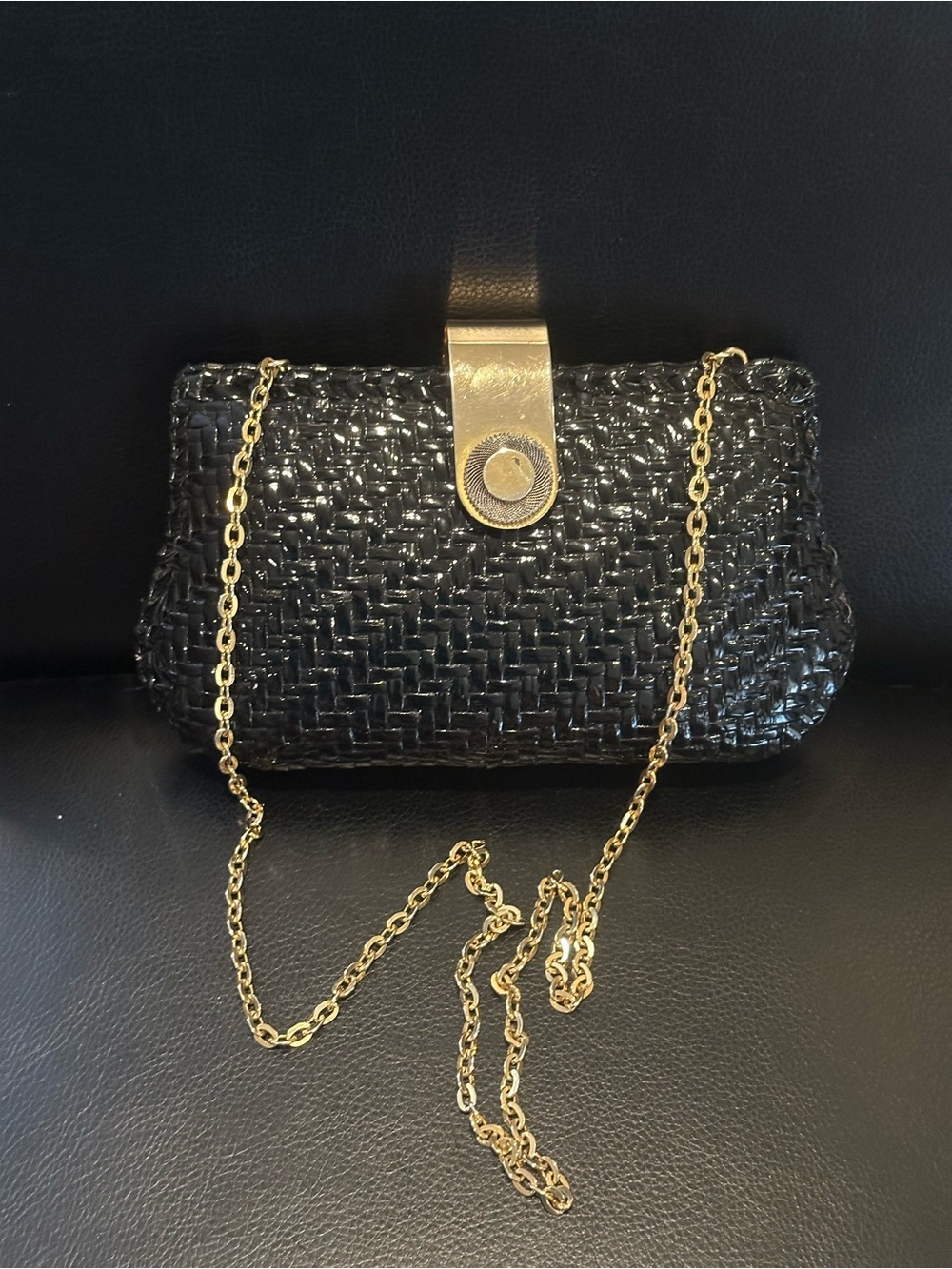 Vintage Fashion Imports Black Woven Evening Clutch | Gold Chain Shoulder Bag